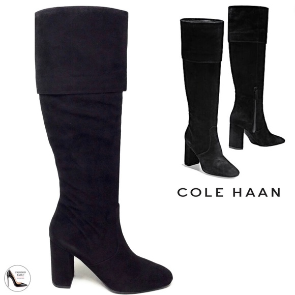 COLE HAAN BLACK SUEDE TESS CUFF KNEE HIGH BOOTS BLOCK HEEL LEATHER BOOTS 6 - Picture 1 of 12